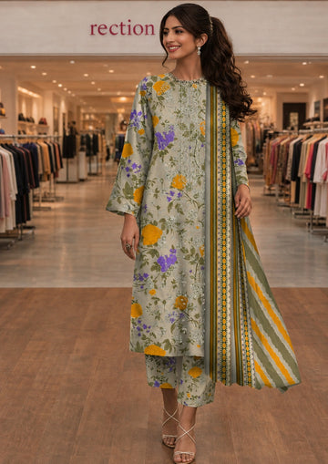 3-Piece Unstitched Lawn Suit With Chiffo