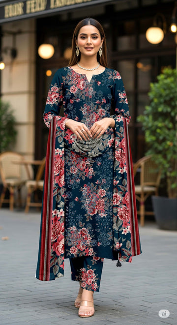 3-Piece Linen Suit With Linen Dupatta MH-29070-B