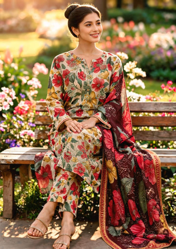 3-Piece Linen Suit With Linen Dupatta MH-75624-B