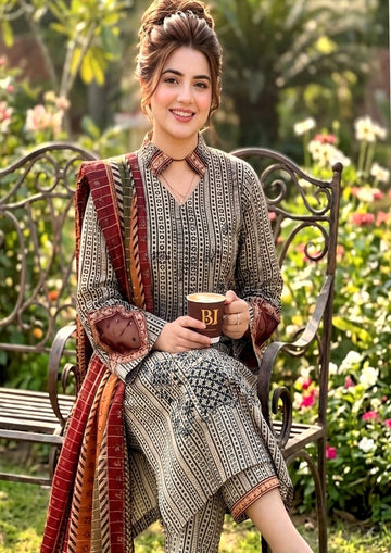 3-Piece Dhanak Suit With Dhanak Dupatta